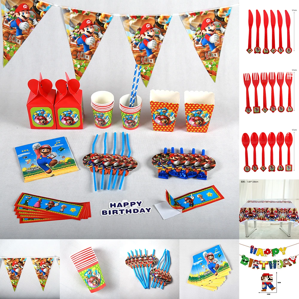 

Super Mario Bros Theme Party Supplies Children Birthday Party Decorations Disposable Knife Forks Spoons Cups Plates Kids Toys