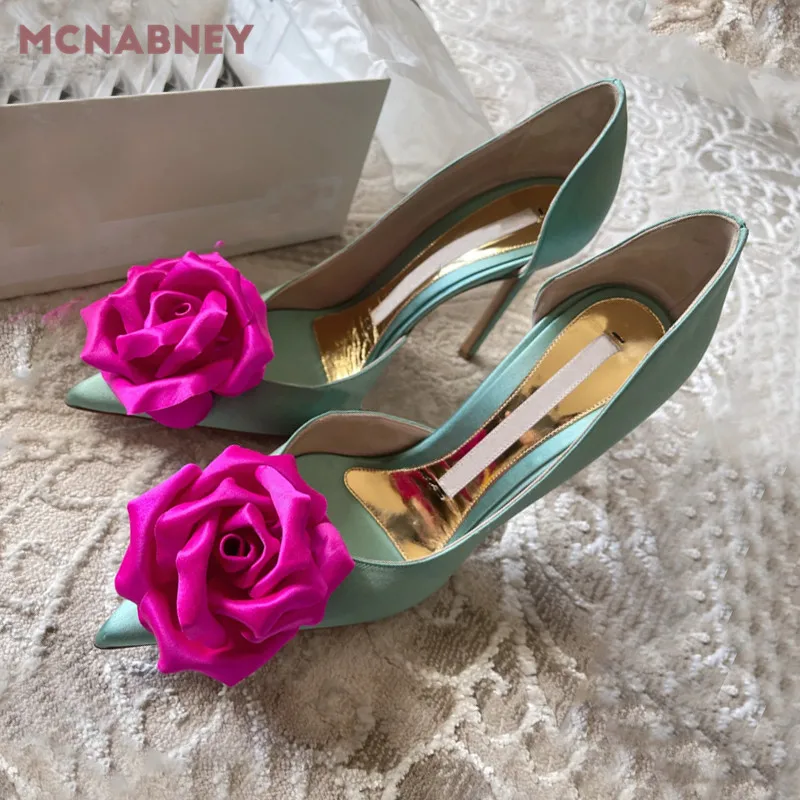 Rose Red Rose Flower High-Heeled Shoes New Pointed Toe Stiletto High-Heeled Niche Design Fashion Color-Blocking Sexy Shoes