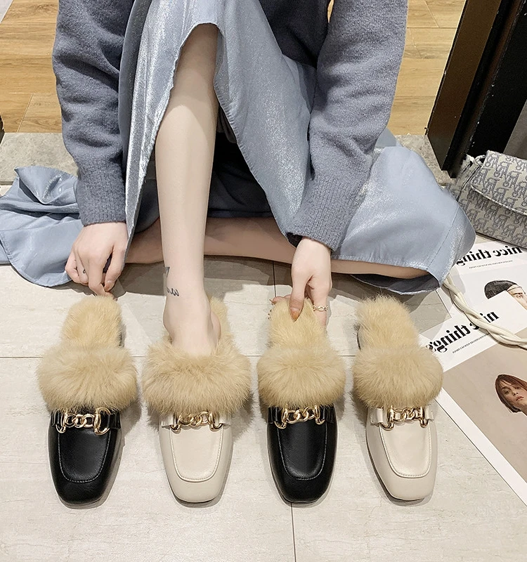 

Женские меховые шлепанцы, шлепанцы на квадратном каблуке, с мягким плюшем, дизайнерские, для зимы, 2023