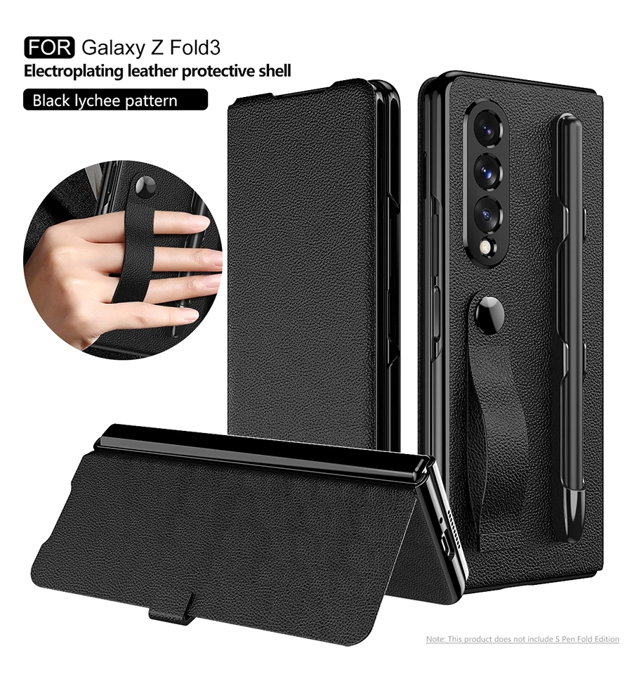 

For Samsung Galaxy Z Fold 3 Case Luxury Lychee Pattern PU Learher Cover With Pen Slot Holder For Z Fold 3 5G Protection Fundas