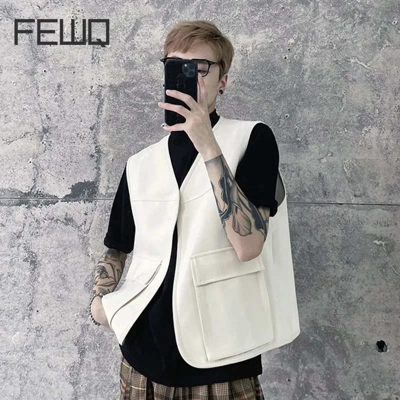 

Мужской жилет без рукавов FEWQ, прямой декоративный жилет с карманами, Модный корейский стиль, Осень-зима 2023
