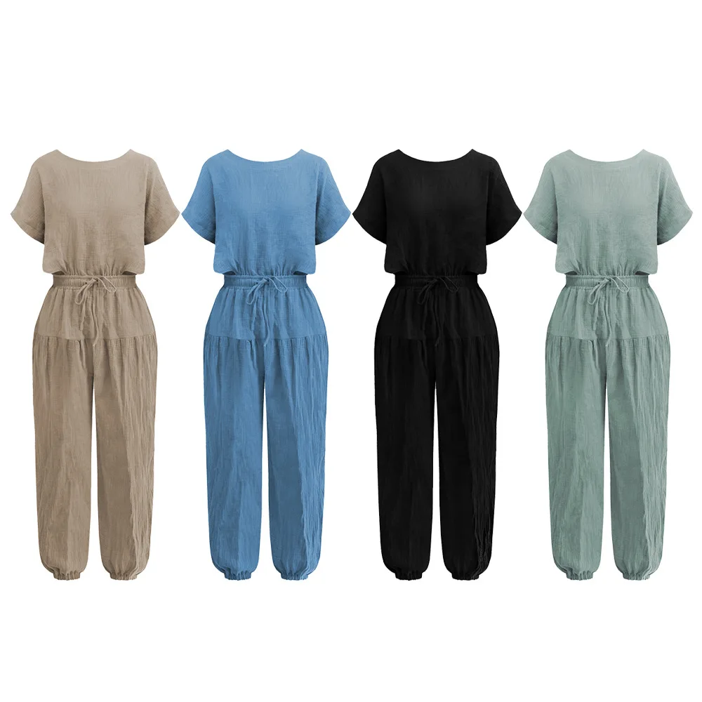 Casual Loose Women Back Button Slit Pleated Drawstring Harem Jumpsuit Home Commuter Pajama Set Women