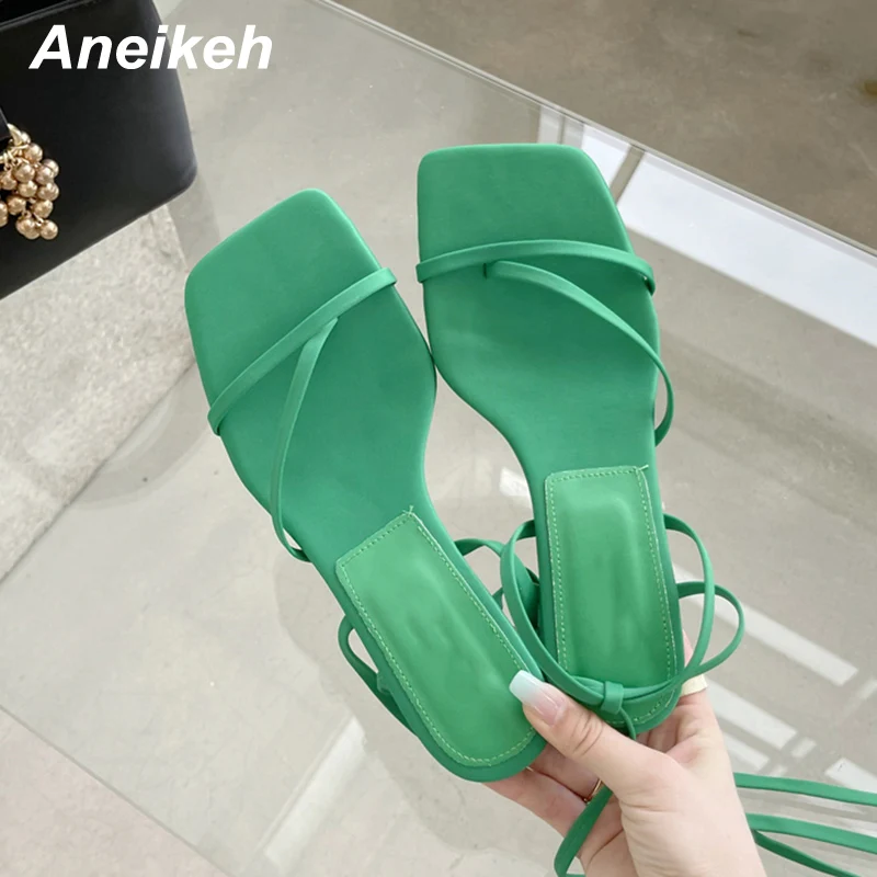 

Aneikeh Sexy Pinch Toe Gladiator Women Party Dress Sandals Solid Narrow Band Ankle Strap Cross-Tied Rome Summer Shoes Size 35-39