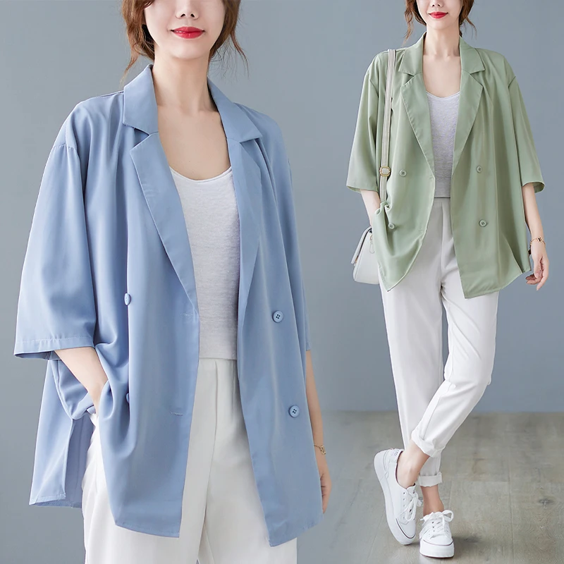

2022 Summer Large Size Casual Women's Clothing Slim Suit Jacket Korean Loose Five-point Sleeve Sunscreen Casual Tops jp150