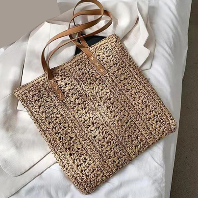 

Square Hollow Straw Beach Bag Handmade Woven Shoulder Bag Raffia Rattan Shopping Travel Bag Bohemian Summer Vacation Casual Tote
