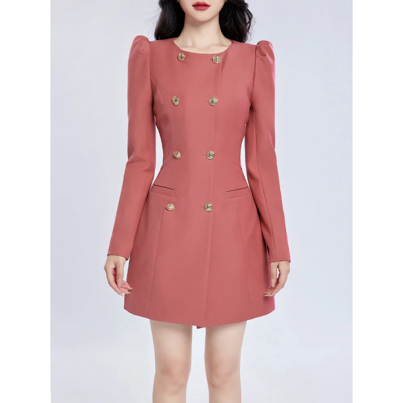 Женское платье с круглым вырезом, маленькое элегантное винтажное офисное платье мини с длинным рукавом и двойным рядом пуговиц на осень