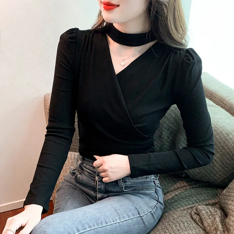 

Женская хлопковая футболка с длинным рукавом, черная или белая облегающая футболка с V-образным вырезом