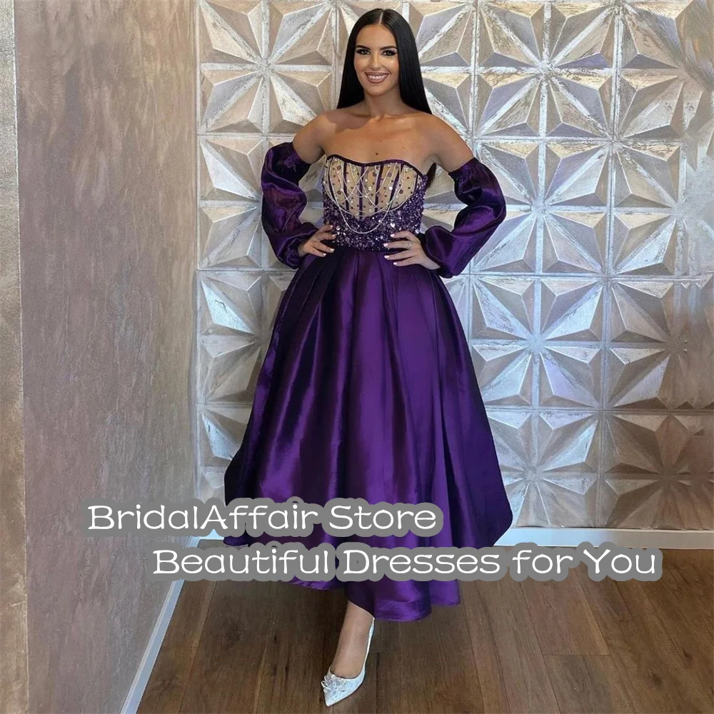 Фиолетовые блестящие платья BridalAffair для выпускного вечера с открытыми плечами