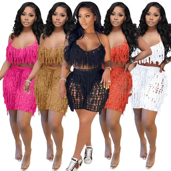 2022 Causal Women Tracksuit Knit Ribbed Solid Color Shirt + Pants Tassel Matching Set Streetwear Clothes For Women Outfit 1