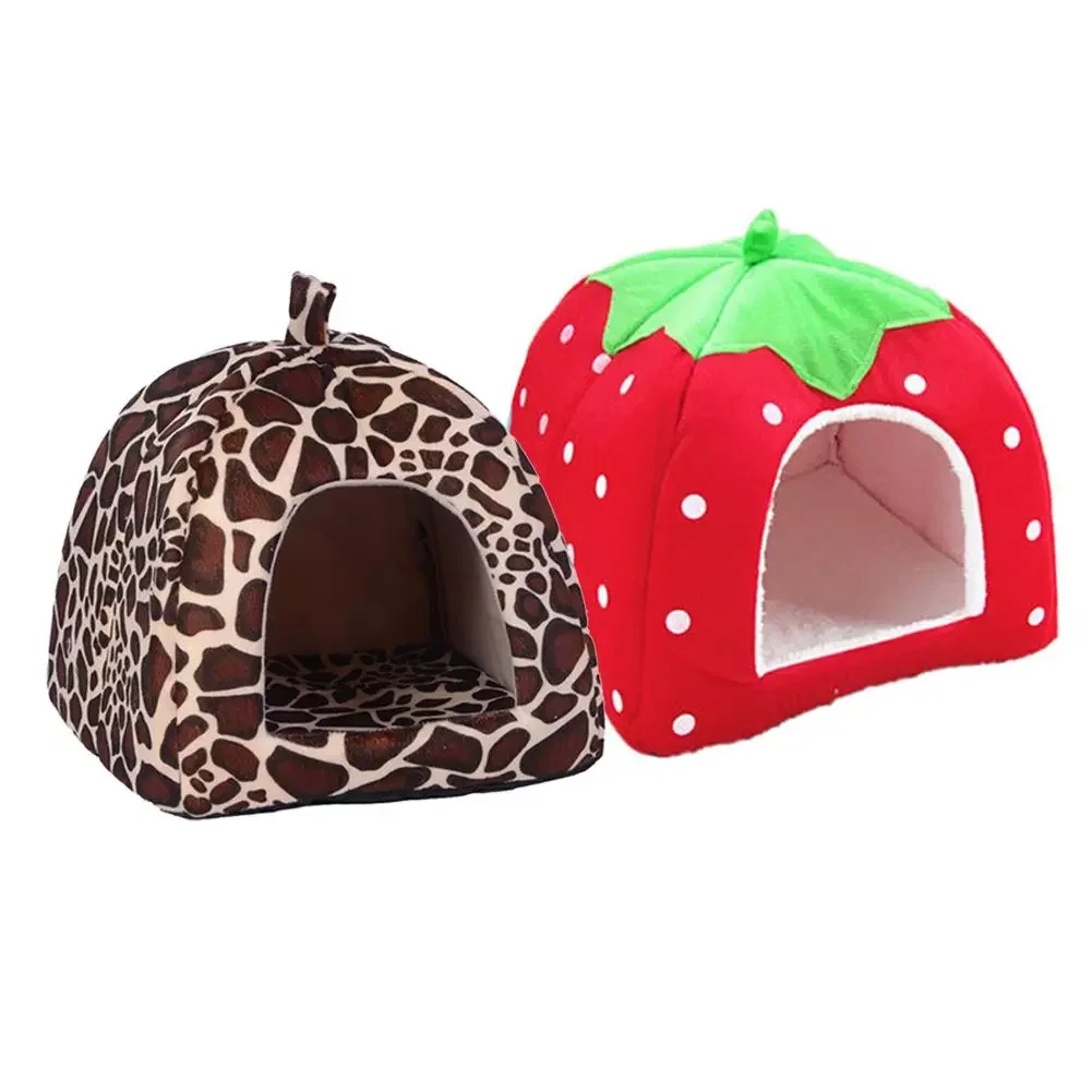 

Soft Strawberry Leopard Dog Cat House Tent Kennel Doggy Winter Warm Cushion Basket Animal Bed Cave Pet Supplies
