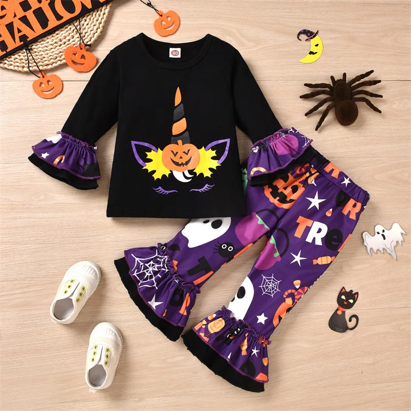 Halloween Girls Clothes Autumn 2pcs Toddler Girl Ghost Print Long-sleeve Tee and Ruffle Flared Pants Set