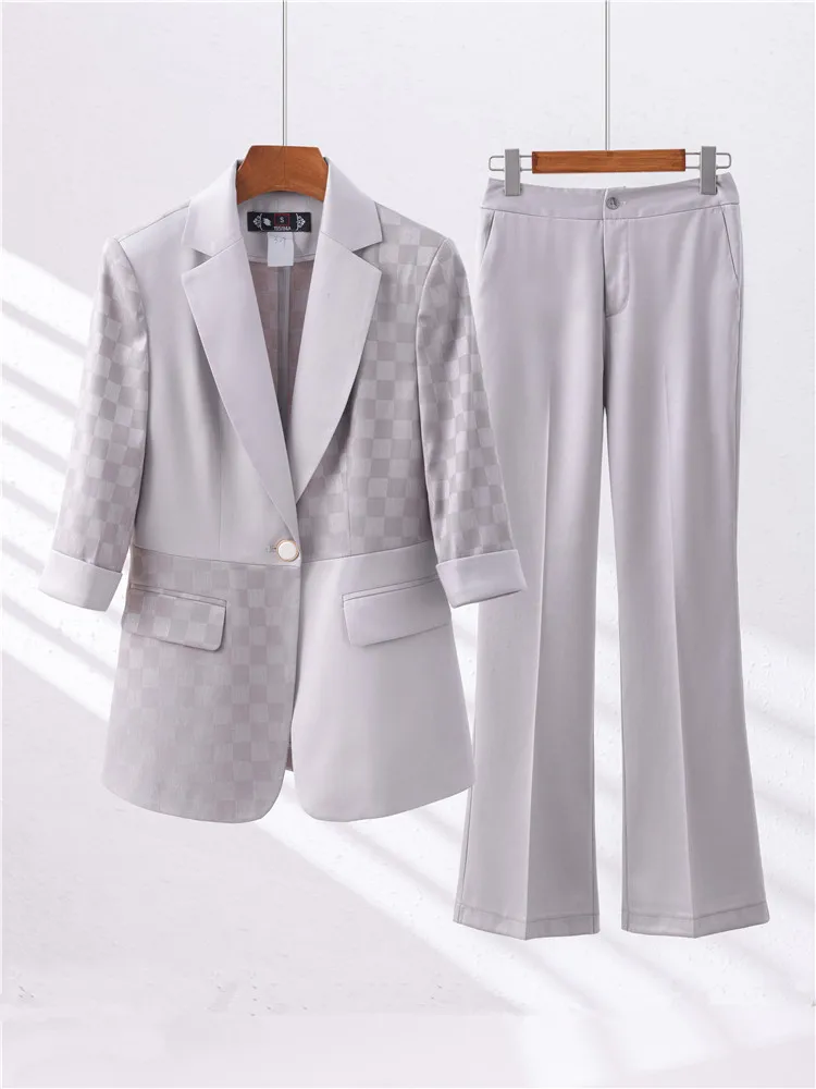 Summer Women Pants Sets 2023 New in Gray White Black Half Sleeve Blazer &Trousers Suit Chic Ladies Elegant Business 2 Piece Set