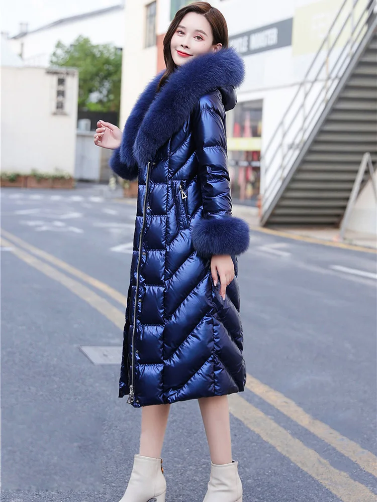 New Women Real Fur Down Coat Winter Fashion Hooded Double Fox Fur Collar Thicken Warm Long Wash Free Glossy Surface Down Jacket