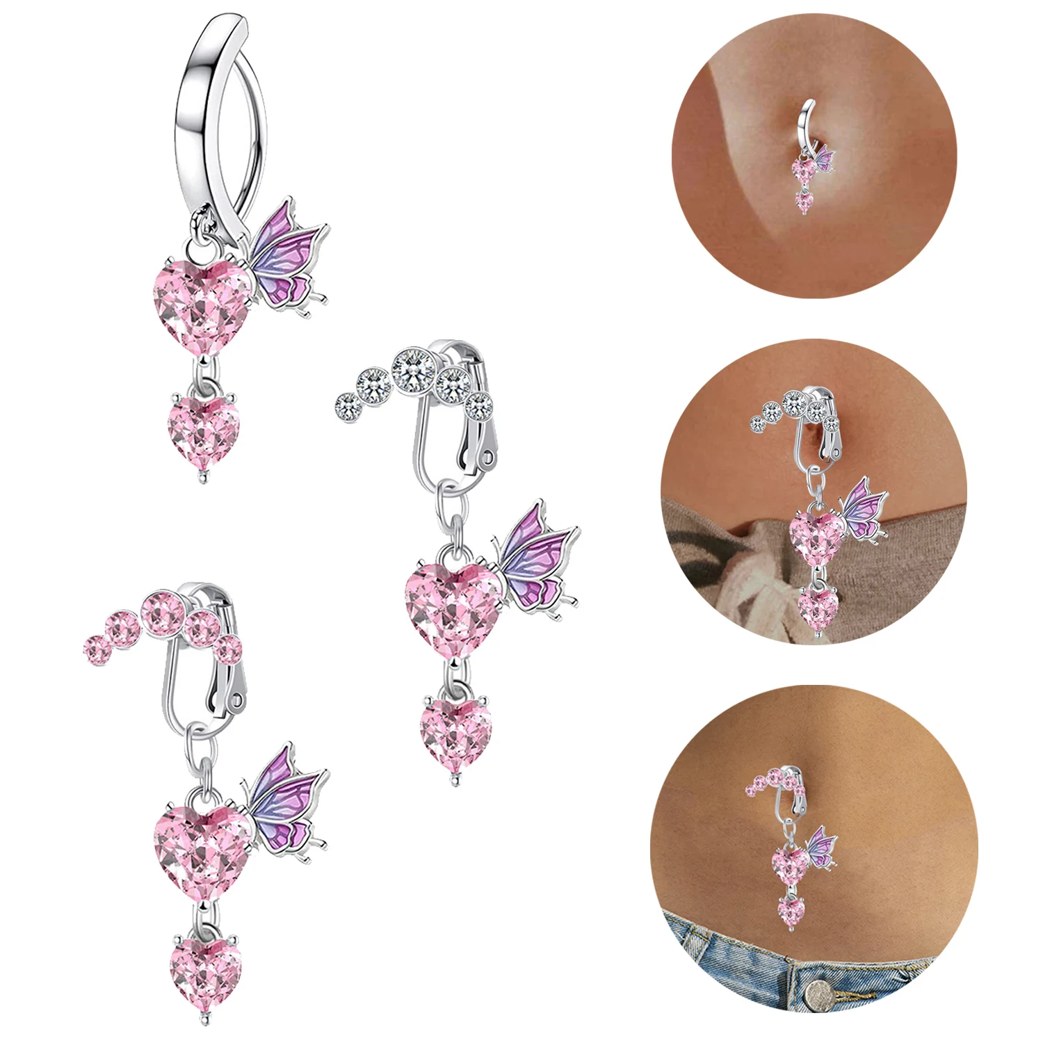 1 шт. кольца для пупка в стиле бохо с розовым цирконием висячие сердца бабочки