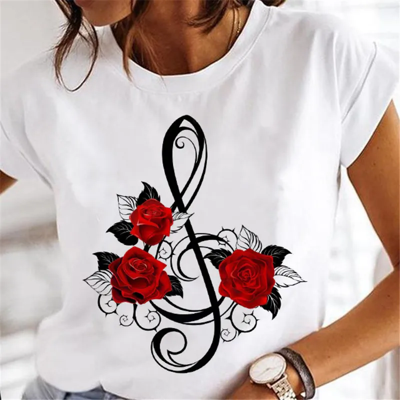 

Women Flower Floral Music Note T-shirts Short Sleeve Ladies Fashion Casual Clothing Cartoon Clothes Female Tee Graphic Tshirt
