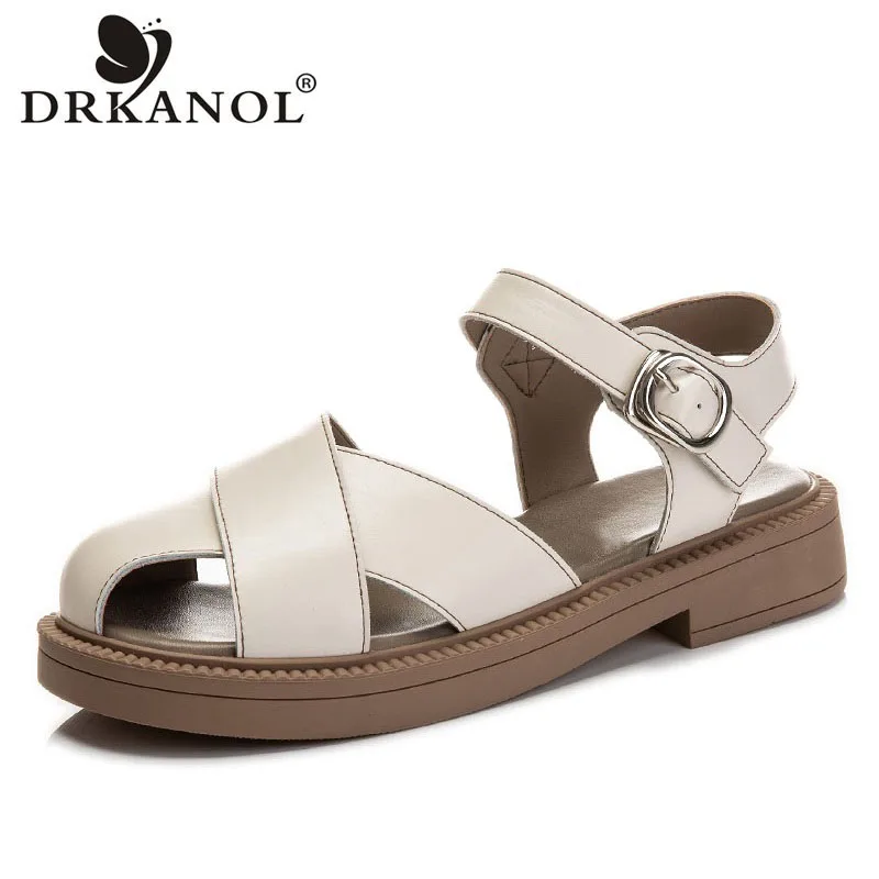 

DRKANOL Fashion Thick Heel Sandals Women Summer Cross Split Leather Roman Shoes Metal Buckle Comfort All-match Casual Sandals