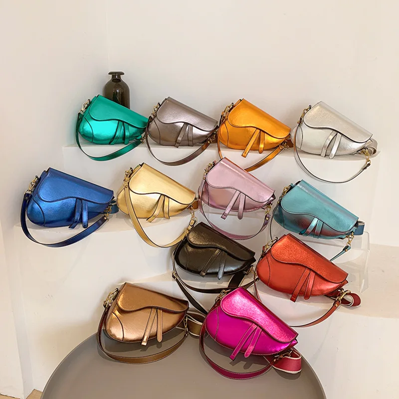 Patent Leather Saddle Bag for Women 2023 New Fashion Luxury Handbag Hip Hop Party Cute Personality Wide Strap Shoulder Bag Woman