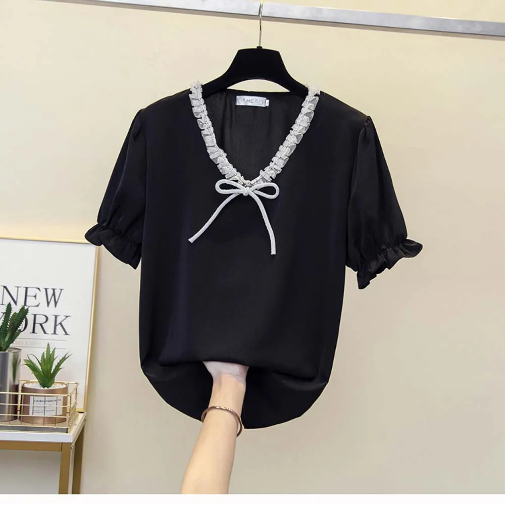 

2022 Casual Women T-Shirt Short Sleeve Round Neck Loose Bow Tie Patchwork Korea Style Minimalism Pullover Ladies Leisure T-shirt