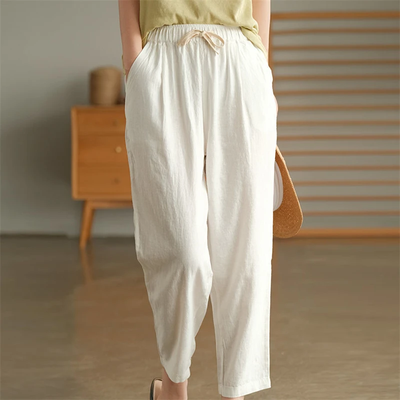 

Women Casual Trousers 2023 Spring Summer Cotton Linen Pants Solid Color Ankle-Length Pants Female Lace-Up Waist Loose Trousers