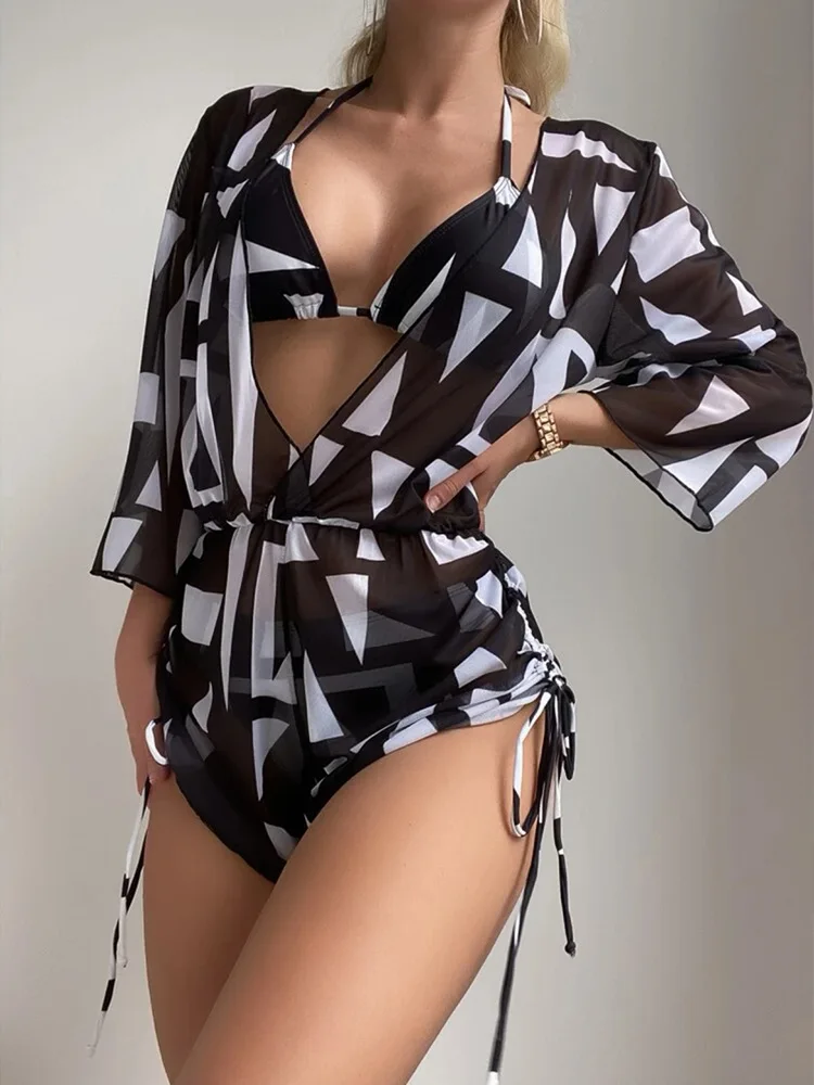 

2023 New Women Swimsuit Sexy Bikinis With Mesh Long Sleeve Beach Playsuit Cover Up 3 Piece Bikini Set Printed Swimwear Beachwear