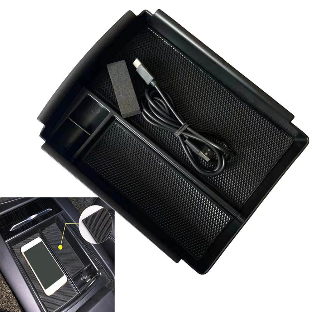 

1pc Car Console Armrest Storage Box Black ABS Plastic + 1pc 12V Phone Wireless Charger Power Cord For Tesla Model X S 2016-2020