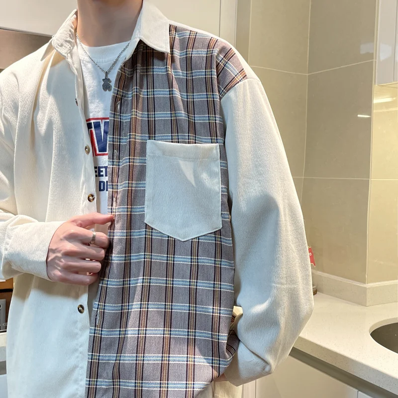 Spring Plaid Shirts Men Fashion Pocket Casual Shirts Men Streetwear Korean Loose Long Sleeve Shirts Mens Dress Shirts M-2XL
