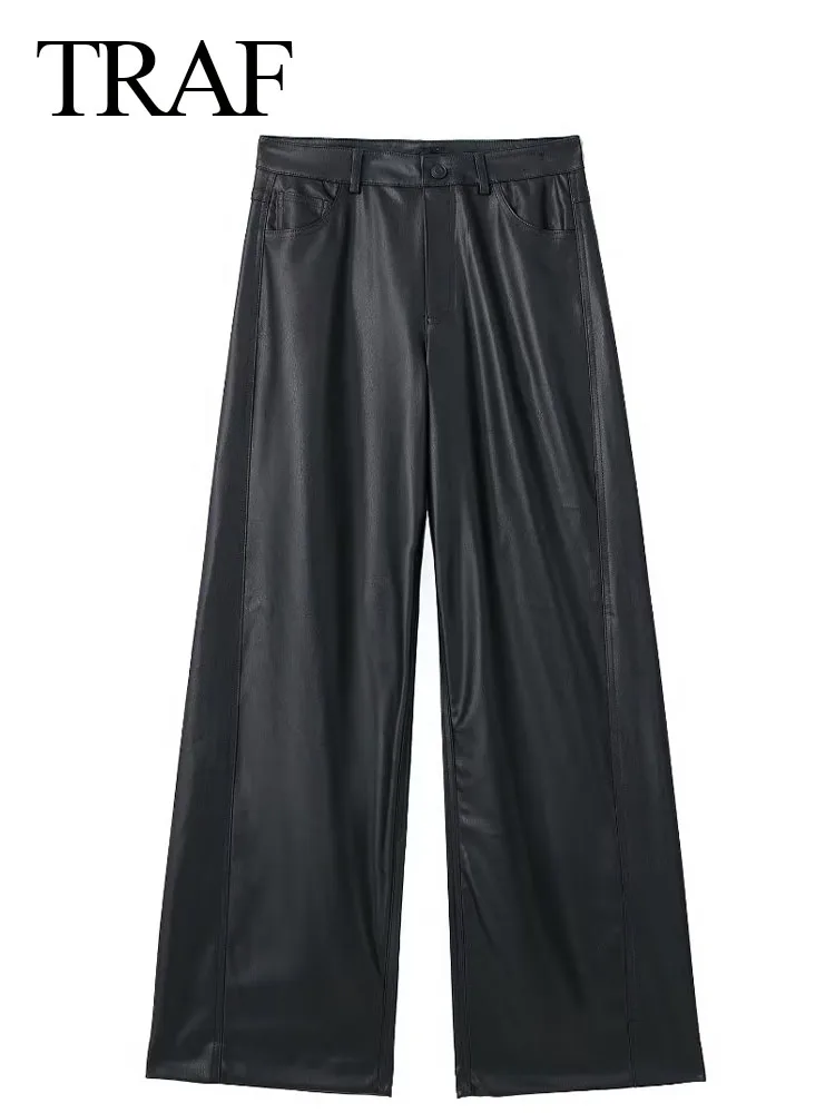 

TRAF Women's Fashion Faux Leather Baggy Pants Folds Wide Leg Pants Black High Waist Trousers Casual Loose Pants Y2K Mujer