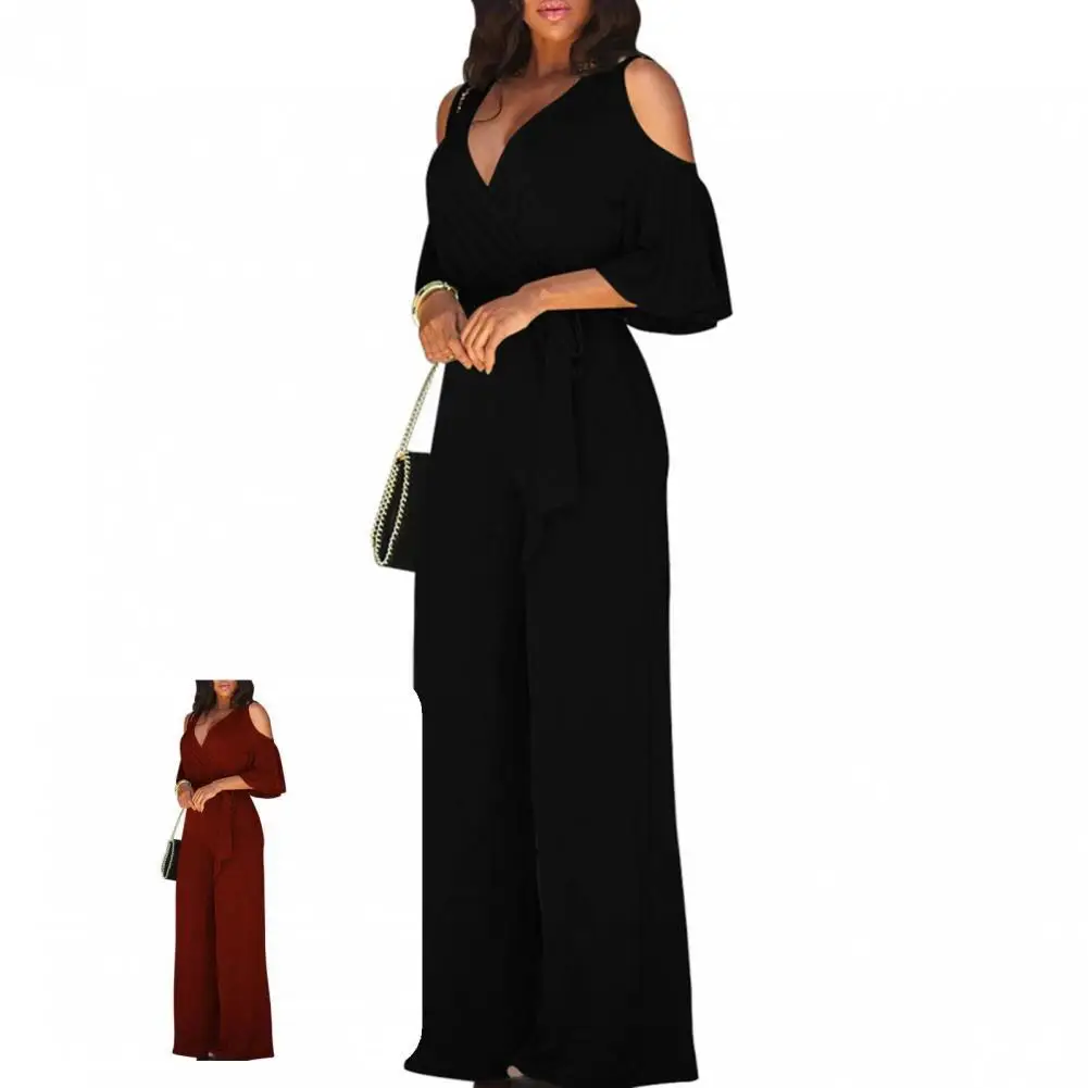 

2022 Women's Casual Short Sleeve Solid Jumpsuit Sexy V-neck Jumpsuit