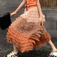 color net yarn retro layered cake skirt high waist big swing gradient color fairy three color stitching mid length skirt mujer