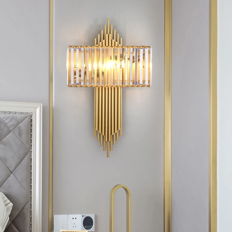 

Modern Copper Strips Wall Lamp Gold Crystal Lampshape Sconce Square Corridor Entrance Light For Bedroom Living Room Wall Light