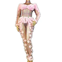 sparkly diamond women pole dancing stage wear long sleeve pink flower jumpsuit evening prom birthday celebrate nightclub costume