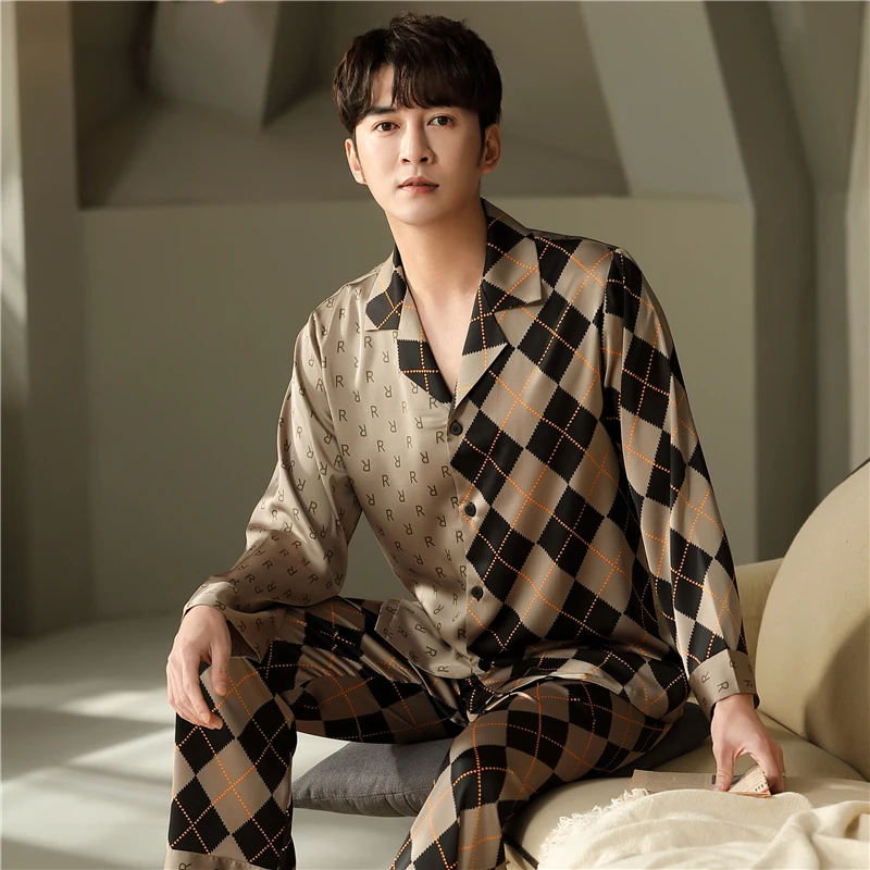 

Down Pj Casual Set Fashion Pants Silk Set Clothes Luxury Sleepwear Satin Long Set Sleeve Collar Pj Turn Man Long Pajamas
