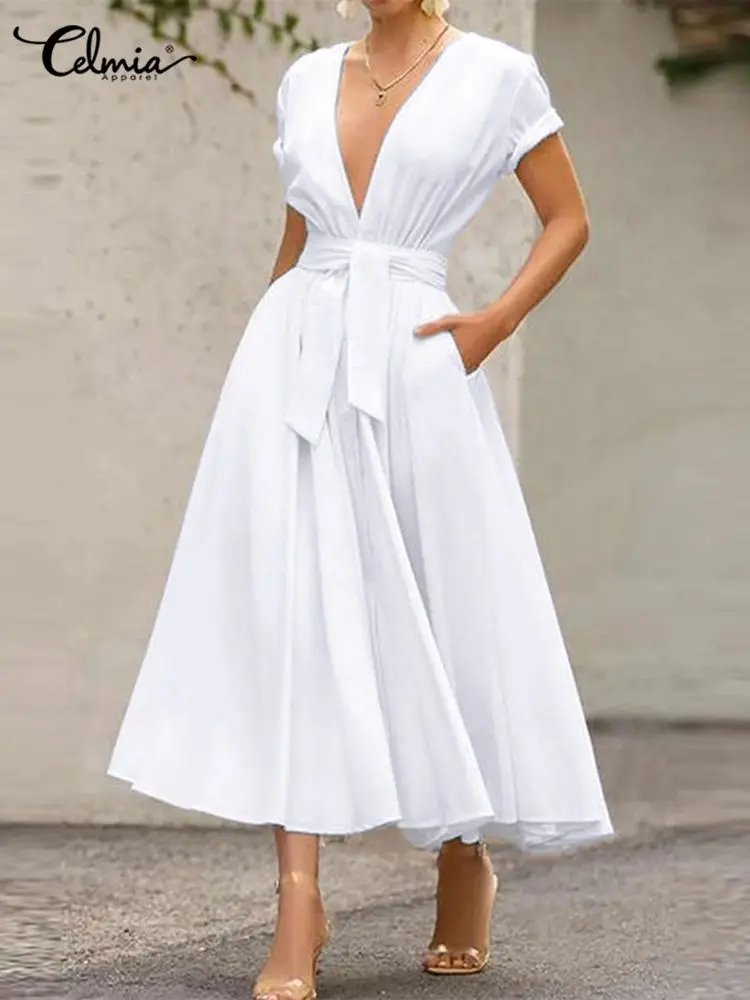 

Celmia Elegant Deep V Neck Maxi Dress Women Short Sleeve Belted Party Long Dresses 2022 Fashion Open Front Pockets Sexy Robes