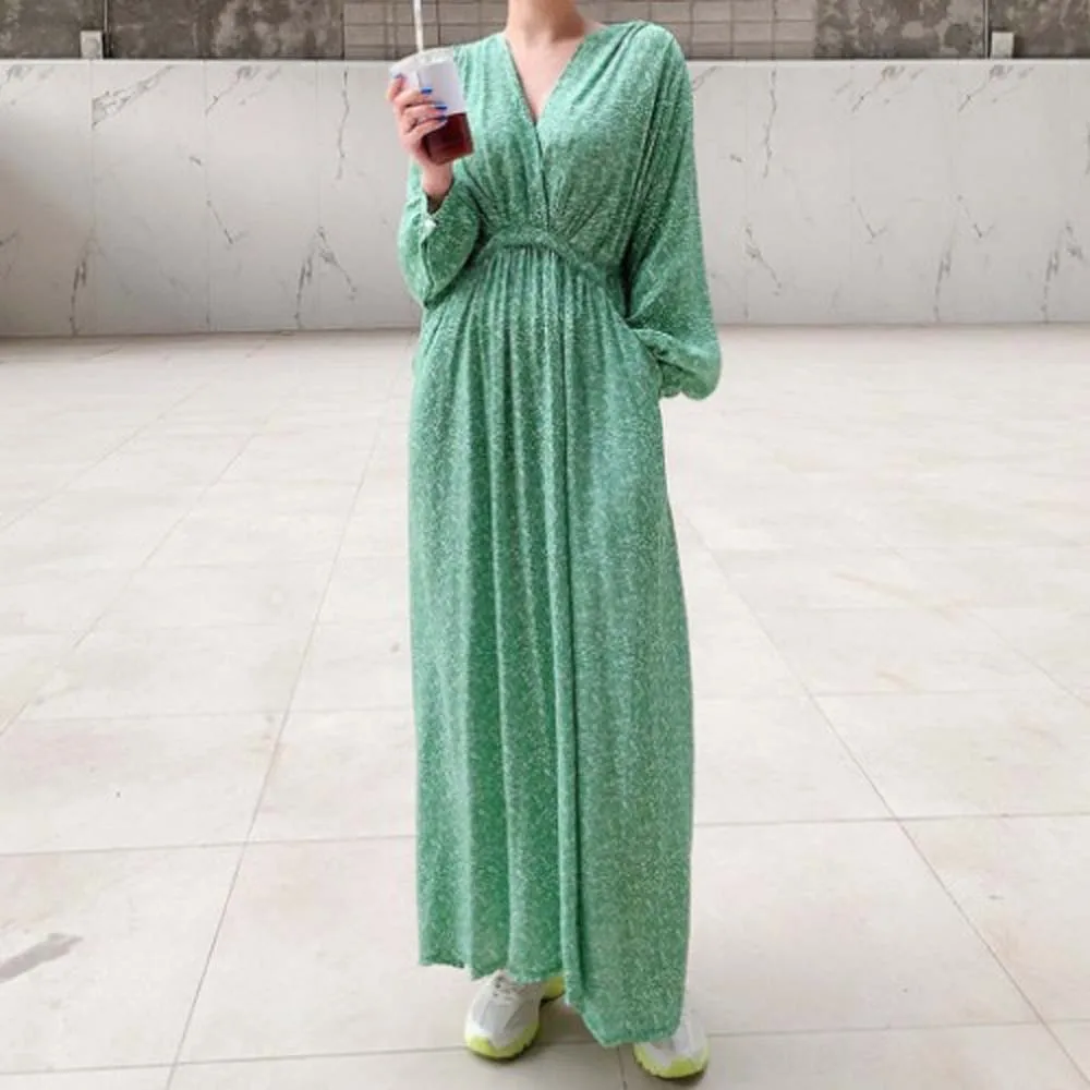 

Floral Dress V-neck Cross Slim Double-pocket Long Sleeves Elegant Chic Ladies A Swing Dress Japan Korean New 2022