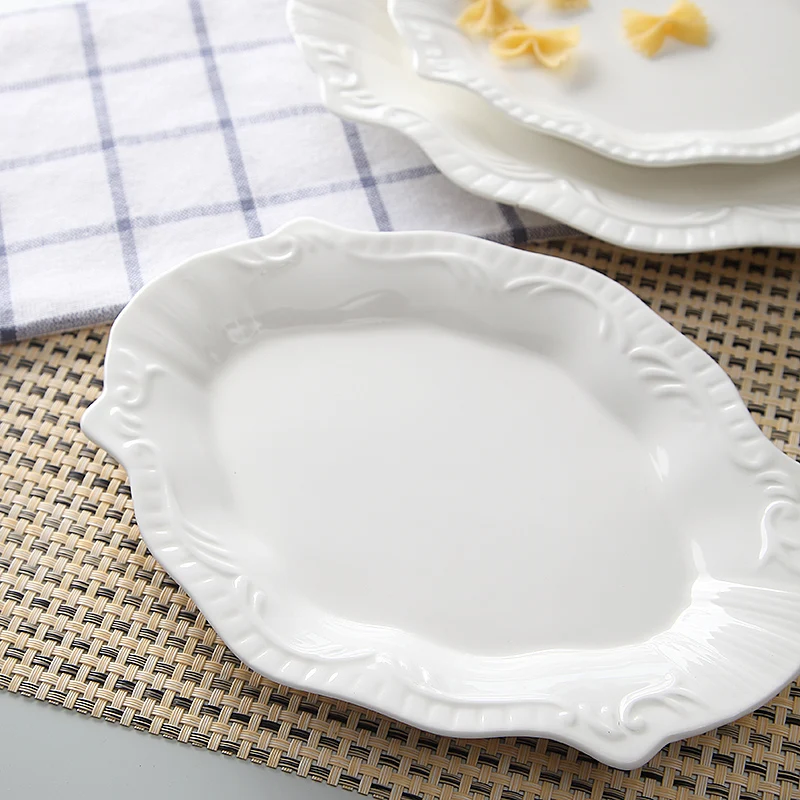 

3pcs Set, 8+9+11inch, White Embossed Porcelain Oval Cute Dessert Plate, Service Decorative Ceramic Dish, Fish Dish Vintage, Bake