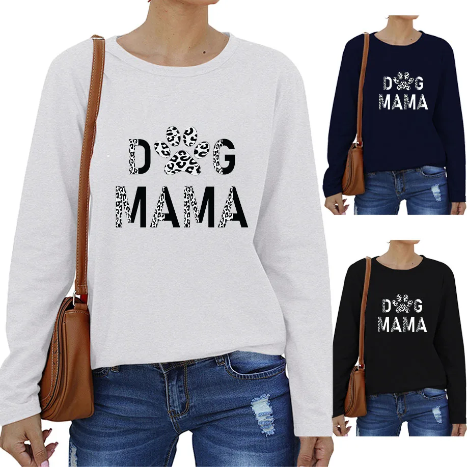 Cotton Spring Autumn DOG MOM Sweatshirt Women's Shirts Long Sleeve O-Neck Casual Sweatshirt Paw Print Kawaii Graphic Pullover