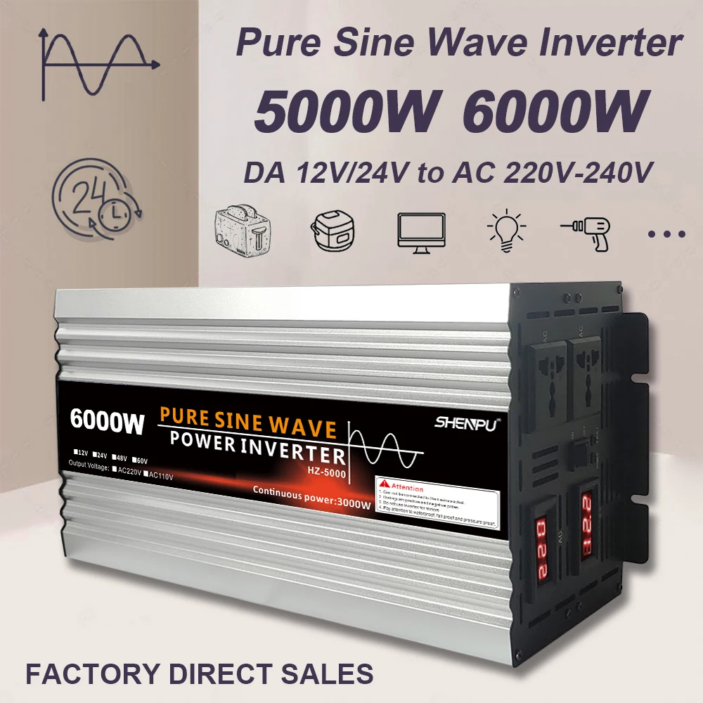

Pure Sine Wave Inverter 6000W Power DC 12V 24V To AC 220V Voltage 50/60HZ Converter Solar Car Inverters