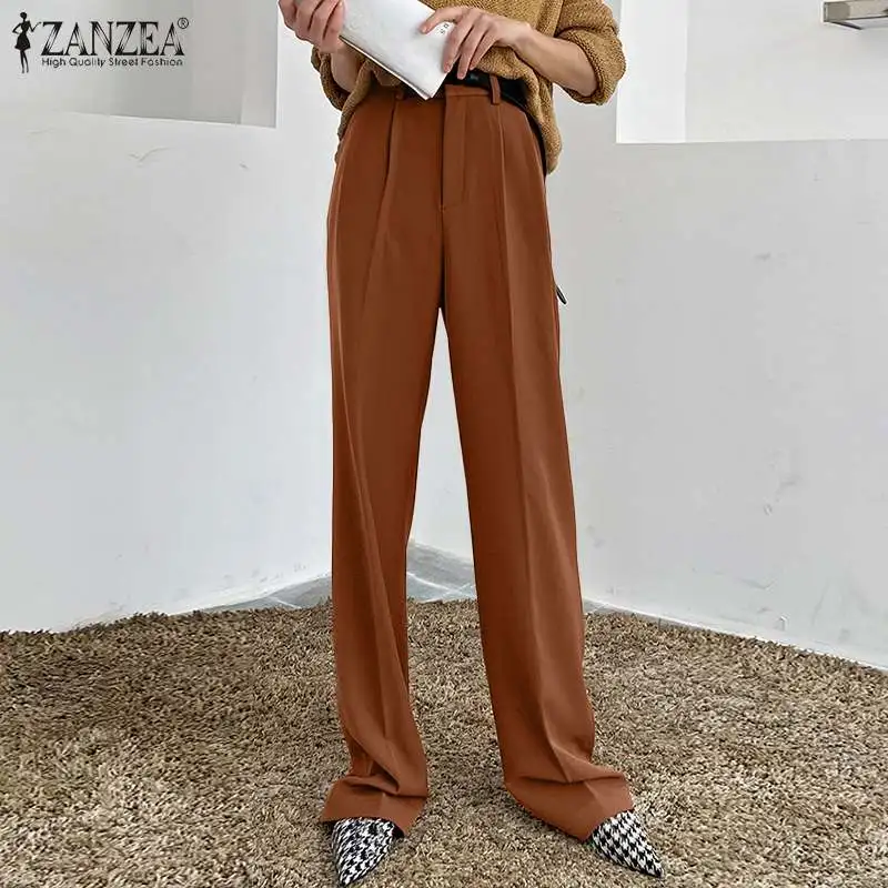 

Women Spring Long Pant Zipper Side Pockets Solid Color Pantalon Loose Elegant Work OL Holiday Party Casual Palazzo 2022 ZANZEA