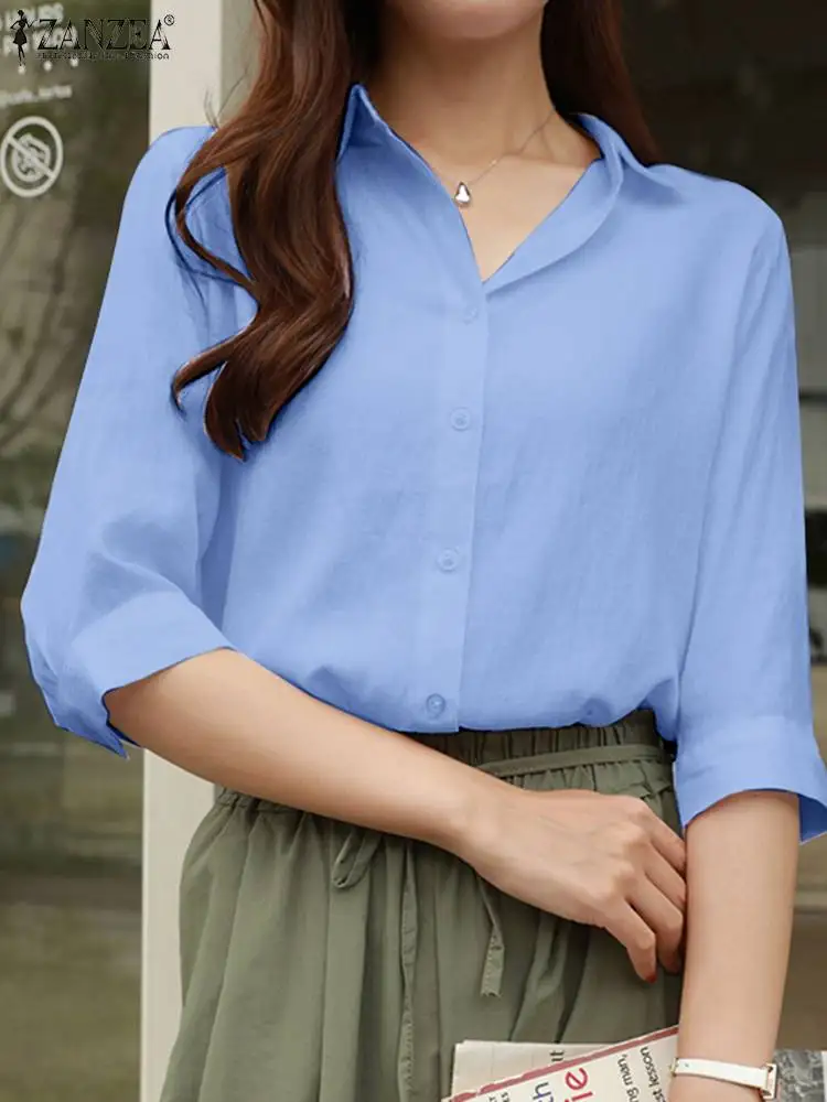 

2022 Стильные повседневные элегантные топы ZANZEA, Женская Однотонная рубашка с рукавом 3/4, блузка из чистого хлопка с лацканами, Женские винтажн...
