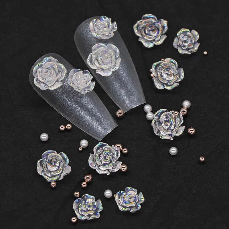 

100Pcs White Rose Flower Nail Charms 3D Flower 6/8mm Flora Nail Art Rhinestone Flat-Back Semi-Translucent Manicure Accessories