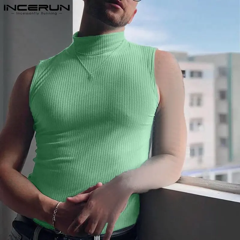 

Майка INCERUN мужская с высоким воротником, однотонная уютная Повседневная безрукавка, облегающая пикантная модная ранняя одежда, 2022