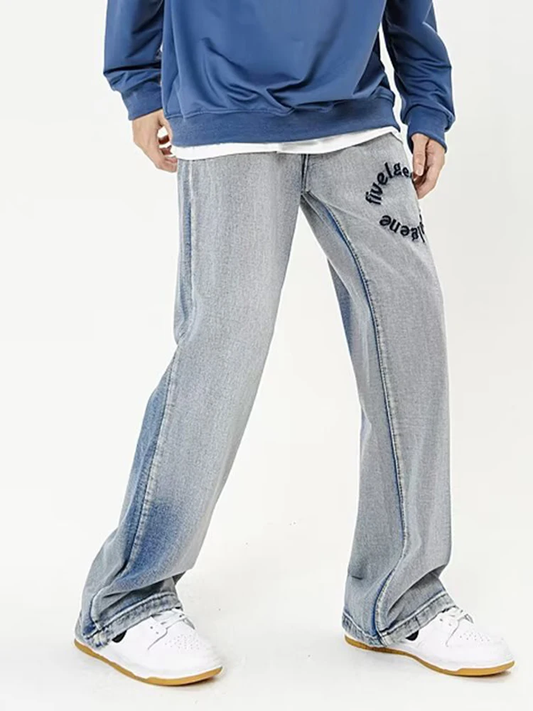 Embroidered Letter Tie Dye Wash Jeans For Men American Fashion Brand Loose Straight Trousers Casual Micro Flared Jeans For Men