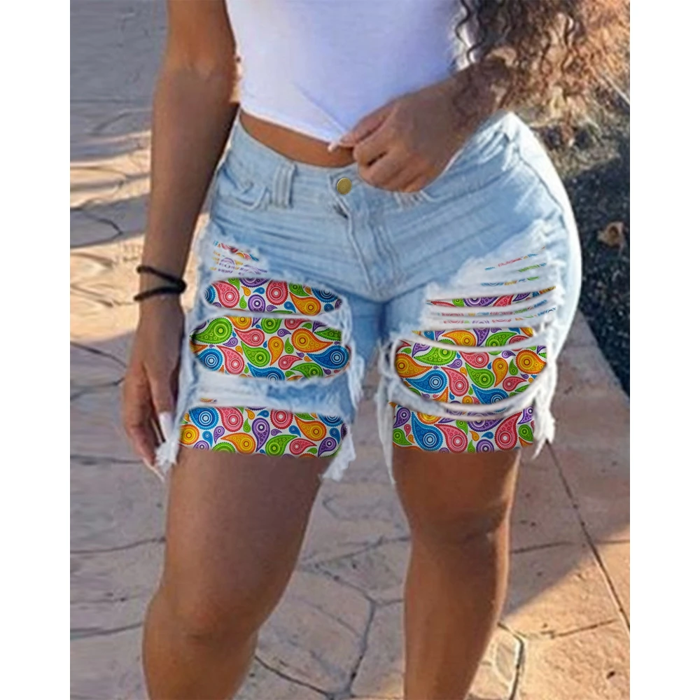Women High Waist Hollow-out Paisley Print Washed Denim Shorts Female Summer Ripped Raw Hem Skinny Casual Shorts femme été