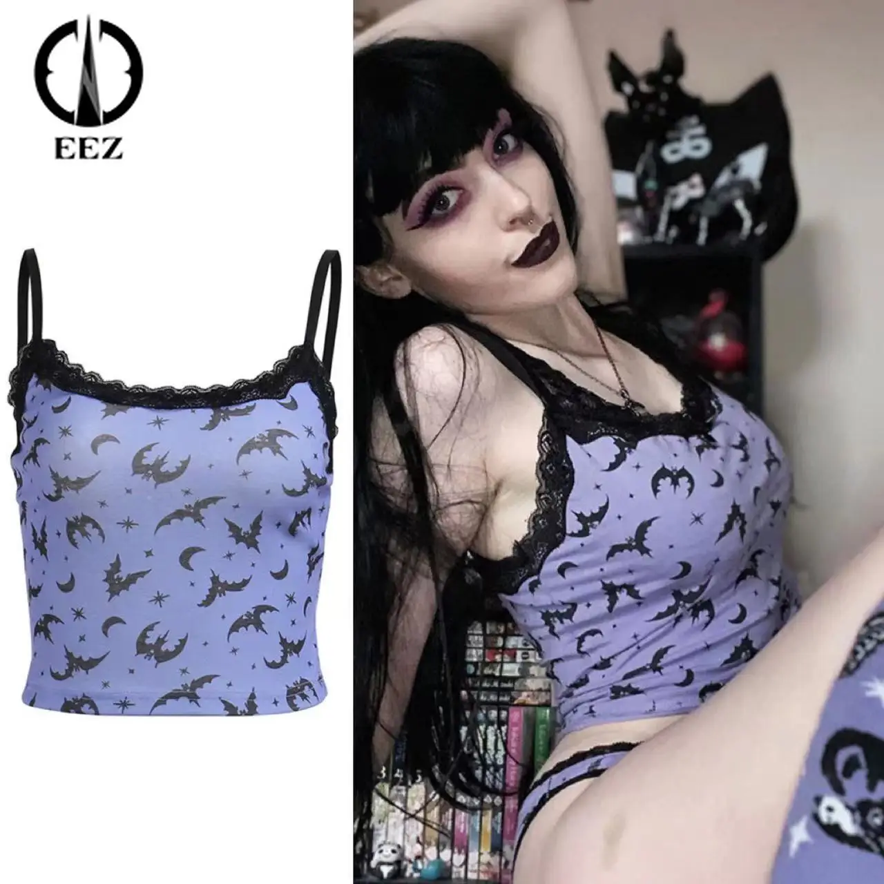 

【Bat Printed】Summer Lace Trim Purple Coquette Camisole Women's Slim Sleeveless Crop Top Backless Sexy T-shirt Witch Streetwear