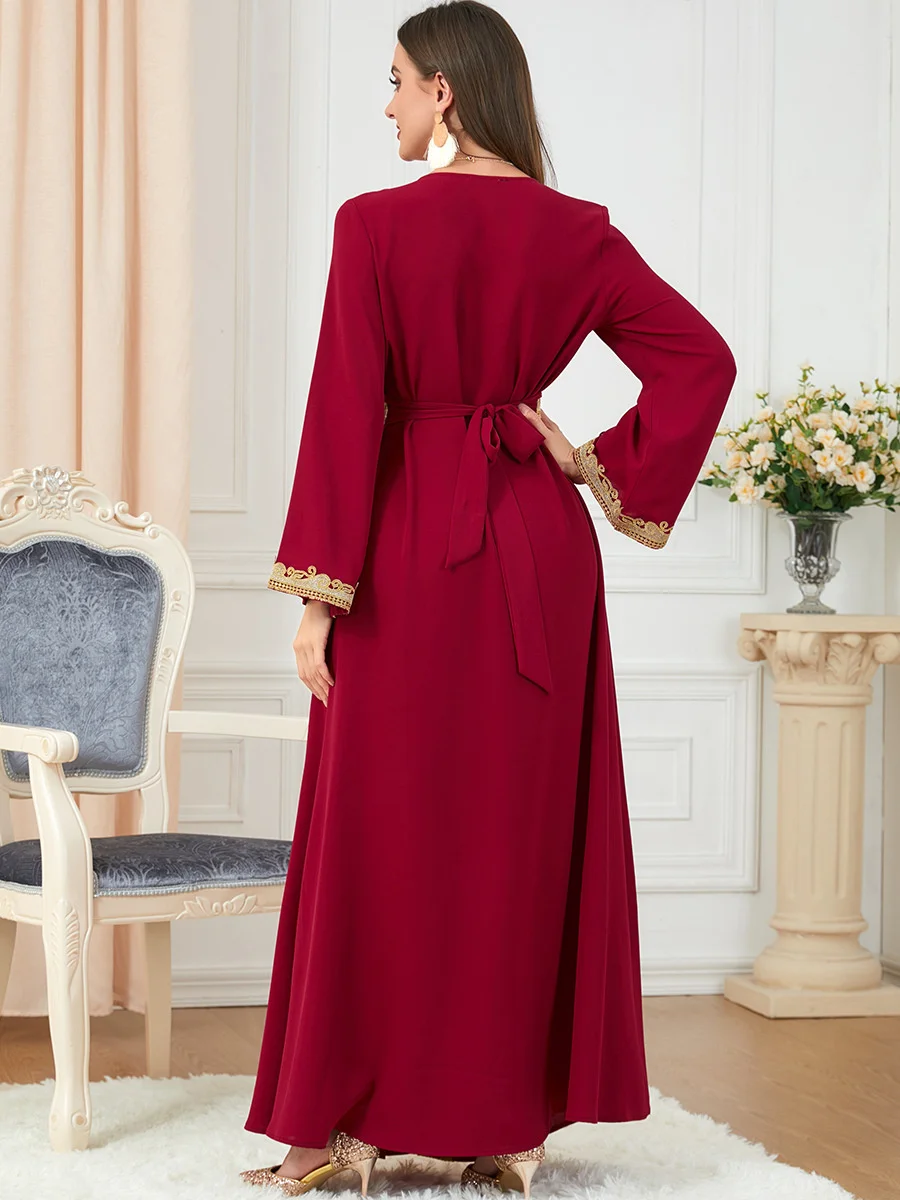 V-neck Arab Morocco Muslim Fashion Long Dress Elegant Abaya Women Embroidery Maxi Dresses Abayas Dubai Turkey Islam Kaftan