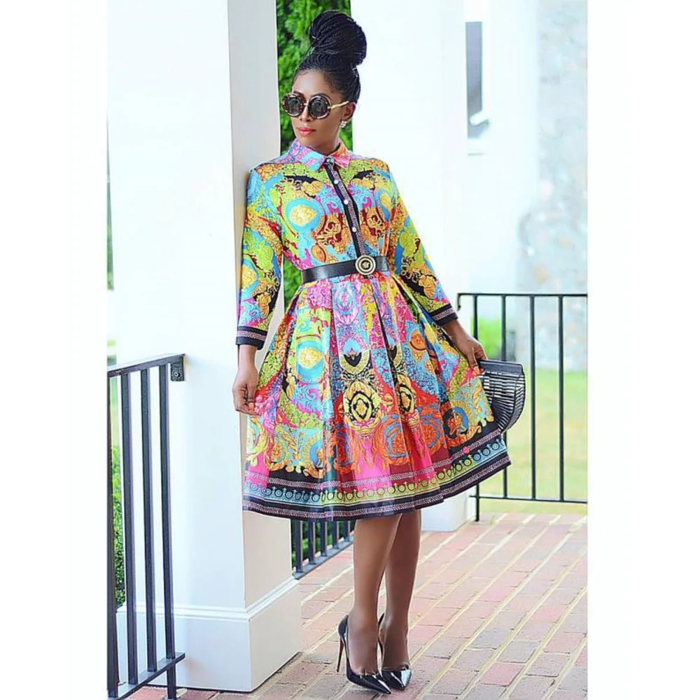 

Africa Dress Long Sleeves Print Sexy Fashion Dress Spring/summer 2023 Stand Collar Office Lady Dress Knee-Length Women Clothes