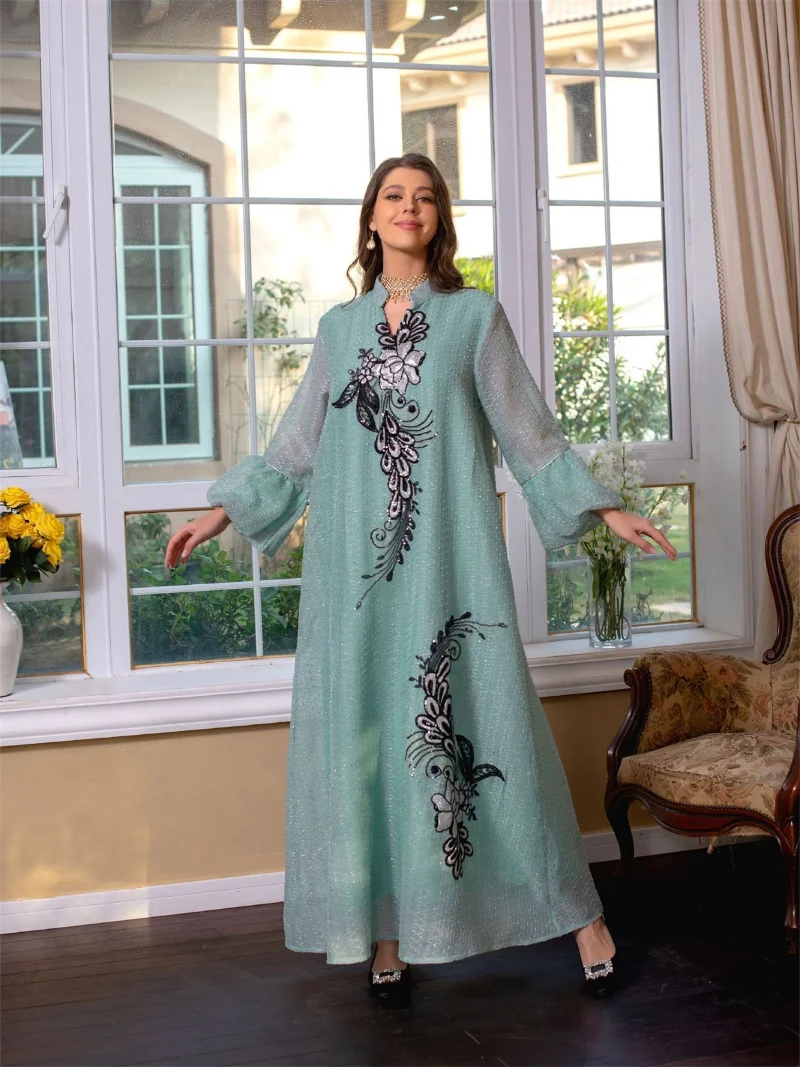 Abaya Luxury Appliques V-Neck Petal Sleeve Belted Dress Jalabiyat Ramadan Modest Clothing Women 2023 Spring Autumn New