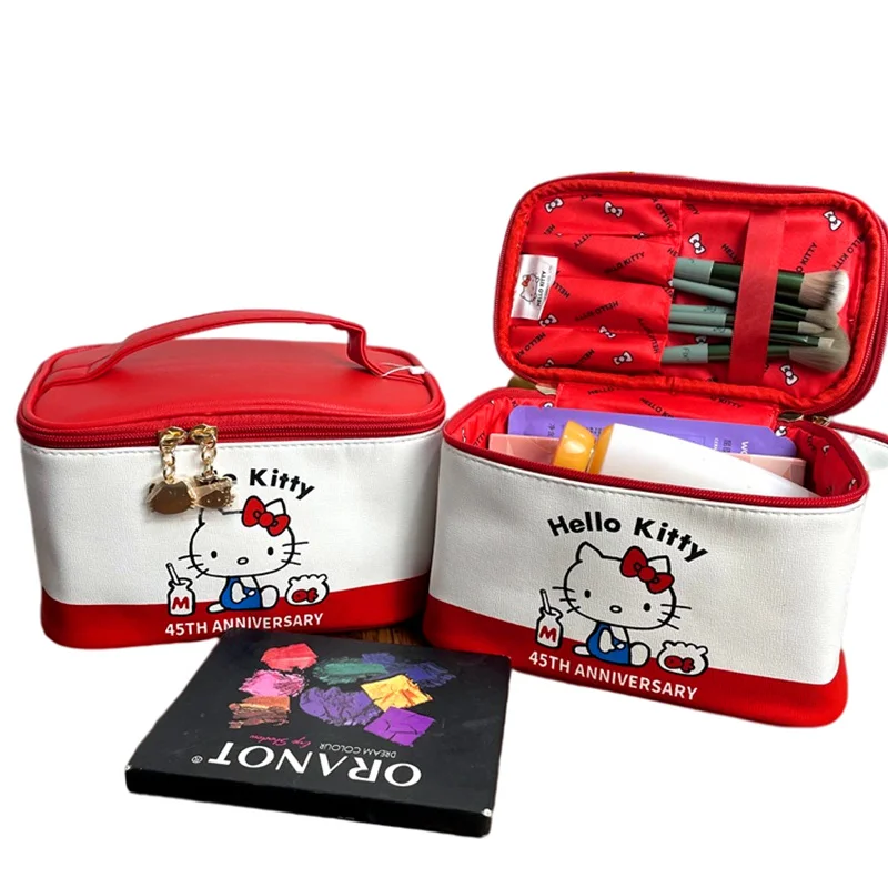 

Sanrio, красная косметичка Hello Kitty, простая вместительная кожаная Портативная сумка для путешествий, сумка для ухода за кожей, Kawaii, косметичка