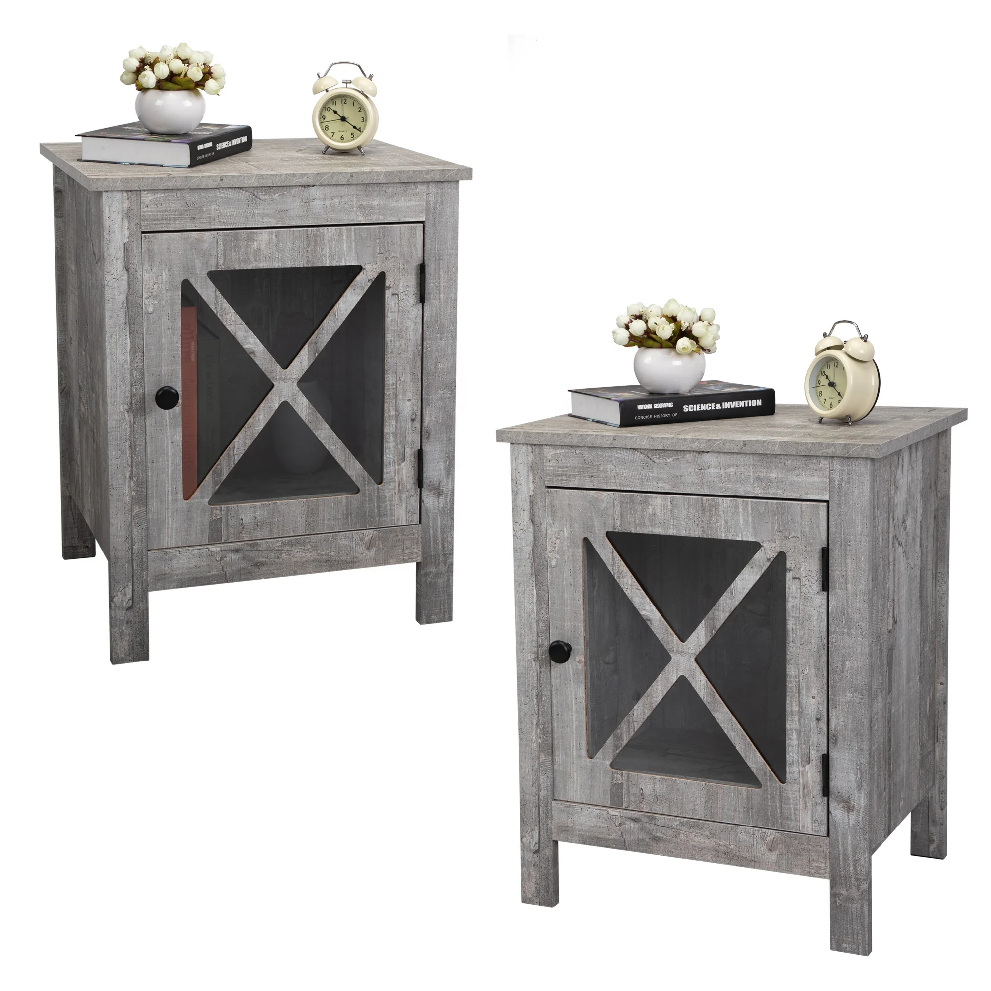 

Retro style wood square X Design Glass Door nightstand- Light Gray Wood