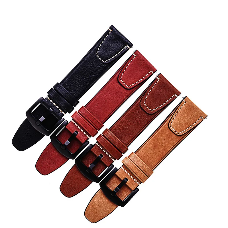 Wholesale 10PCS/Lot 20mm 22mm Genuine Cow Leather Watch Band Watch Strap Metal Black Buckle Brown Beige Red Color Available -New